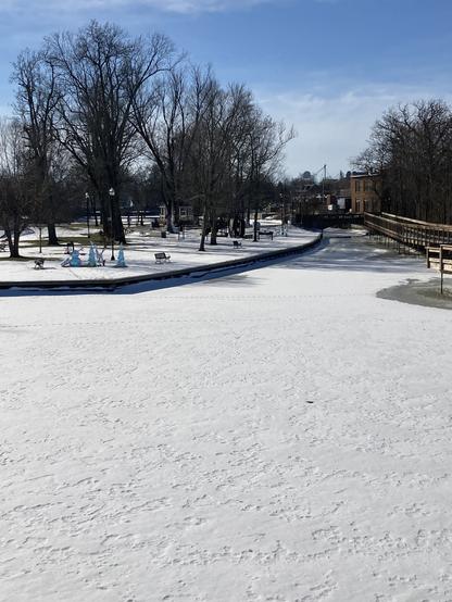 Frozen river and park covered in new snow.