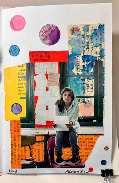 A Latinx student in a white shirt, black jeans, and black sneakers sits on top of a school desk, feet on a purple chair, holding a piece of notebook paper in their hands. They are looking directly forward at the photographer. There is a bulletin board covered with papers between two windows behind the student. I have cut out all the spaces of the walls, the bulletin board, and the view from the windows and have placed paper that was either dyed with ink or painted with watercolor. There are solid yellow, red, and orange pieces along with a pieces that blue ink has been dropped onto. There are punched paper circles of various sizes and colors to the upper left (blue, pink and purple circles) and lower right (very small circles, red, blue, pink).