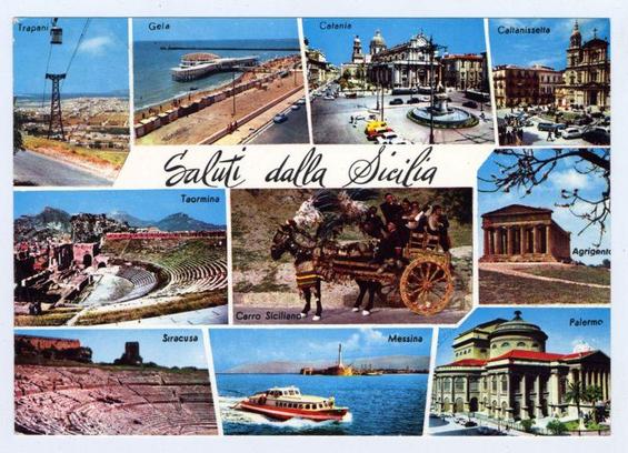 The image is a collage of postcard-style photographs showcasing various attractions and landmarks in Sicily, Italy. Each photograph features iconic locations or scenes from different cities within the region. The top left corner shows "Trapani," with an aerial tramway overlooking a coastal area. Next to it on the right side is Catania with its bustling street life and historic architecture.

Below Trapani, there's Gela featuring what appears to be a beachfront promenade. In the center of the collage stands Taormina, highlighted by "Carro Sicilianò" which suggests traditional Sicilian carriage rides in front of an ancient Roman theater backdrop. To its right is Caltanissetta with picturesque town square architecture.

Moving down further left from Gela, we see Siracusa's archaeological site and amphitheater ruins indicative of the region’s rich history. Below that on the bottom row starts Trapani again at a different angle showing more coastal scenery but focusing closer to water.

Next in line is Messina with its iconic bridge connecting two land masses over water under cloudy skies, showcasing maritime infrastructure amidst natural beauty. Finally, Palermo's "Teatro Massimo" opera house stands as an example of Sicily’s cultural heritage and architectural grandeur on the right side at the bottom corner. The collage collectively represents a diverse range of experiences one could have while traveling in this beautiful Ita [...]