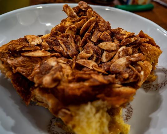 Pecan and cinnamon top square of stuff French toast