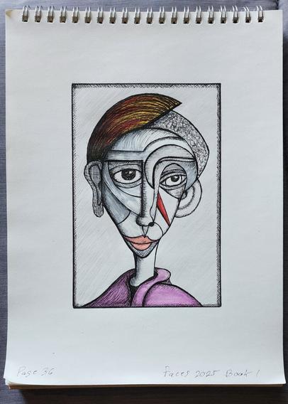 A top-bound spiral sketchbook showing a hand drawn abstract illustration done in ink and watercolor. A young boy of middle school age with abstract cubism style facial features and hair style sitting for a class portrait. The boy is wearing a purple top, has pink lips, a red triangle on his left cheek, and red and yellow multi-colored hair. Art by San Diego artist, Steven Preston.

It is signed by the artist in a stylized signature composed of the letters S and P in the lower-right area of the page. Text at the bottom of the page reads, Page 36 Faces 2025 Book 1