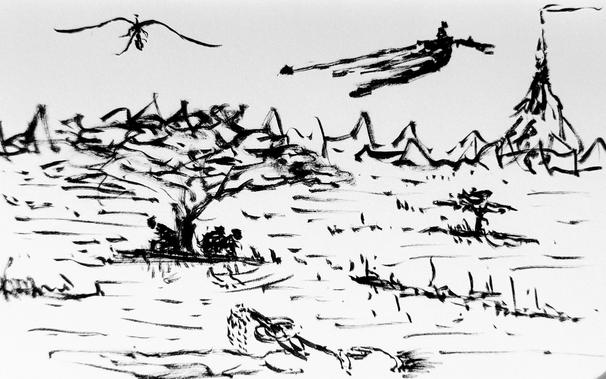 Ink sketch for the inktober52 2025 prompt “Swamp”. Three figures crouch fearfully under a tree in the Dead Marshes as Fell Beasts fly overhead.
