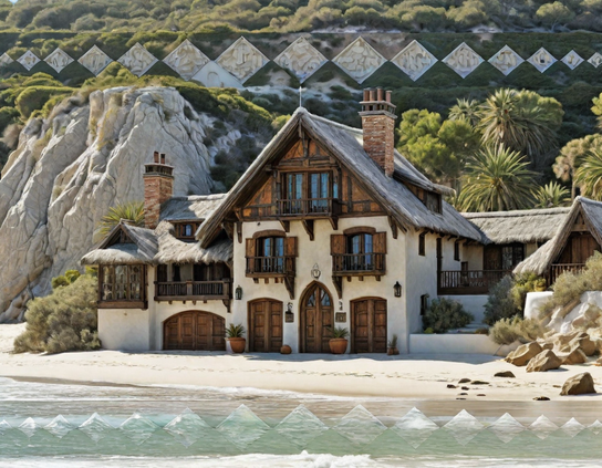 Rustic stucco inn with a thatched roof and elegant carved dark wooded doors, windows, balconies and accents; on a beach, with futuristic technology, evident but subtle, shaping the water in the foreground; against a coastal mountain backdrop.
