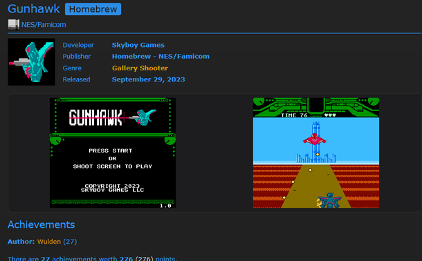 Screenshot of Gunhawk (NES Zapper Homebrew) on RetroAchievements.org. Retro achievements were created for the game by Wulden.