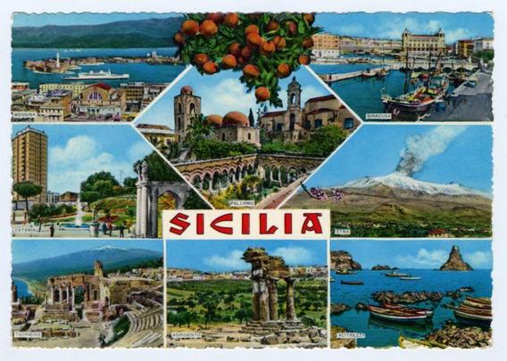 The image is a colorful collage of postcards featuring various scenic locations and landmarks in Sicily, Italy. The central portion displays the word "SICILIA" prominently across it with bold red letters on a white background.

Surrounding this text are six smaller images depicting different aspects of Sicilian culture and geography:

1. In the top left corner: A panoramic view shows a cityscape with buildings including the Port of Messina, identifiable by its distinctive architecture.
2. Above "SICILIA": An image highlights clusters of orange fruit on tree branches against a clear blue sky backdrop.
3. Top right section: Depicts Siracusa (also known as Syracuse) featuring boats docked at a harbor with historical buildings in the background and a bridge connecting to another part of town.
4. Above "ETNA" in the top center-right corner shows Mount Etna, an active volcano rising majestically from its surrounding landscape.
5. Below Etnea: A view captures ancient Greek theater ruins at Agrigento by the sea with boats near the shore.
6. Bottom left section includes a historical cityscape of Syracuse featuring prominent buildings and structures.

Each postcard seems to capture the essence of Sicilian heritage, ranging from urban settings like Messina or Palermo to natural landmarks such as Etna.