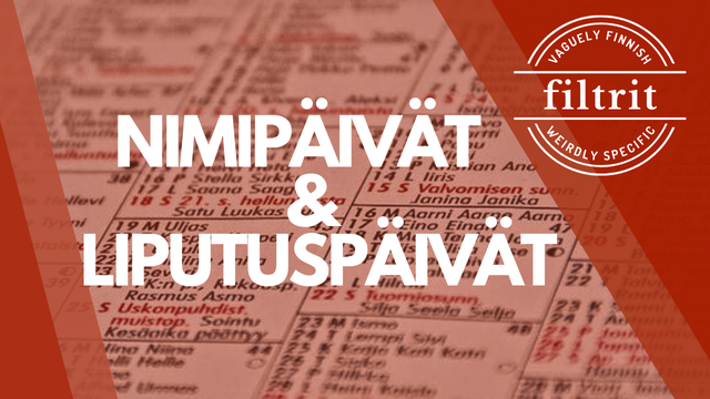 Teksi “Nimipäivät & liputuspäivät”, taustakuvituksena punertava nimipäiväkalenterin sivu. Oikeassa yläreunassa Filtrit-logo.