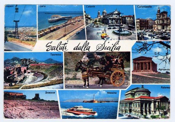 The image is a vibrant collage of postcards showcasing various scenic and cultural attractions from the Sicilian region in Italy. Each card features different locations, such as Trapani, Catania, Taormina, Caltanissetta, Siracusa (Siracusa), Messina, Agrigento, Palermo, Carro Siciliano, and a ferry boat named Sirecusa on the sea.

Trapani shows an urban landscape with buildings and infrastructure. The postcard from Catania depicts a grand historical building with domes in the background, suggesting its significance as a landmark or tourist attraction.
In Taormina, there's a picturesque view of what appears to be beachfront promenades near the waterfront. Caltanissetta displays an iconic church façade and street scene bustling with activity.

Siracusa features Roman amphitheaters indicative of historical ruins, while Agrigento showcases ancient Greek architecture in its well-preserved temples.
The postcard for Messina presents a traditional Sicilian cart drawn by two horses on the road. Carro Siciliano highlights this local mode of transportation and cultural heritage within urban settings.

Palermo is represented with an image of Palazzo di Giustizia, hinting at architectural grandeur. The final card captures Sirecusa ferry boat sailing in blue waters near land, possibly offering a glimpse into the region's maritime activities.
The overall collage serves as a colorful travelogue, inviting viewers to explore Sicily’s dive [...]