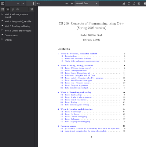 Screenshot of the PDF document for CS 200, showing Week 1, Week 2, and Week 3 so far. Under each are "Intro" sections (reading), and "Lab" sections (instructions for the programming labs).