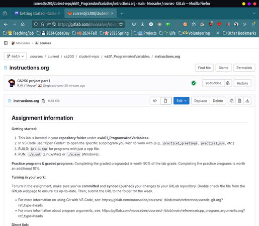 A screenshot of an instructions.org file when viewed on GitLab.