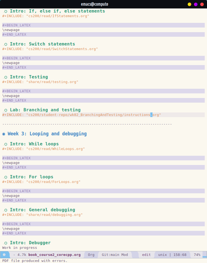 A screenshot of the "master" org file for the cs 200 "book", including the headers for Intros and Labs and the include statements for those items.