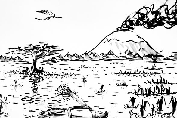 Ink sketch for the inktober52 2025 prompt “Swamp”. Three figures crouch fearfully under a tree in the Dead Marshes as Fell Beasts fly overhead.