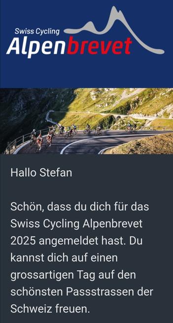 Screenshot der Bestätigungsmail zum Alpenbrevet.