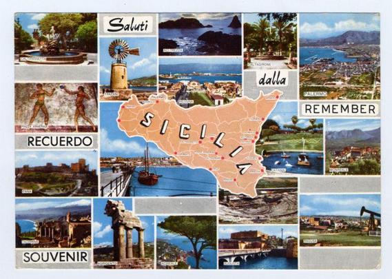 The image is a vibrant collage of postcards showcasing various scenic and cultural sites in Sicily, Italy. The central element is the outline map of Sicily with its cities labeled such as Palermo, Enna, Catania, Agrigento, Ragusa, and others.

Surrounding this are nine individual photos that represent different aspects of Sicilian heritage:

1. Top left: A scenic view from Salutì featuring a windmill, palm trees, and the sea.
2. Middle top right: Palermo is depicted with its coastal cityscape including ships docked at port.
3. Center-top-right-center-left-middle-bottom-left - Recuerdo shows Caltanissetta's historic site 'Calta' with an old well or fountain.

4-5-6-7-8 Bottom Right Corner:
- Souvenir depicts Agrigento's ancient Greek temples, specifically the Valley of the Temples.
- Remember has a picturesque coastal town view and what looks like a monastery near Siracusa (Siracusa).

The color palette is rich with blues from the sea, greens from trees, earthy tones in historical structures, and vibrant reds in some postcards. The collage conveys Sicily's blend of history, culture, natural beauty, and modern life through its diverse scenes.

This image serves as a travel memento or promotional piece that encapsulates what one might remember or take home after visiting this beautiful region.
