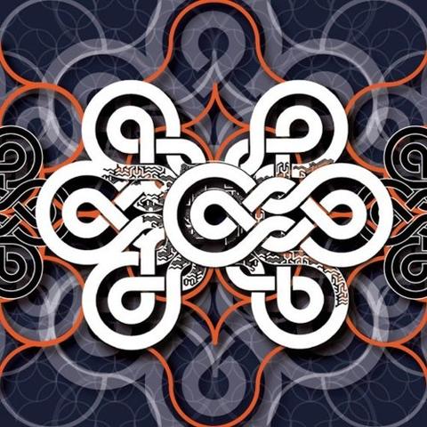 Illustration pour le Dharma techno festival, entrelacs multiples de signes similaire au signe infini doublé fait aussi penser à des symboles celtiques. Superpositions d’entrelacs blanc au centre et  au premier plan,, puis noir sur la droite et gauche mélangé à du orange sur l’ensemble de l’image, gris blanc transparent au 3em plan et enfin gris violet au dernier plan d’une série de cercles entremêlés.