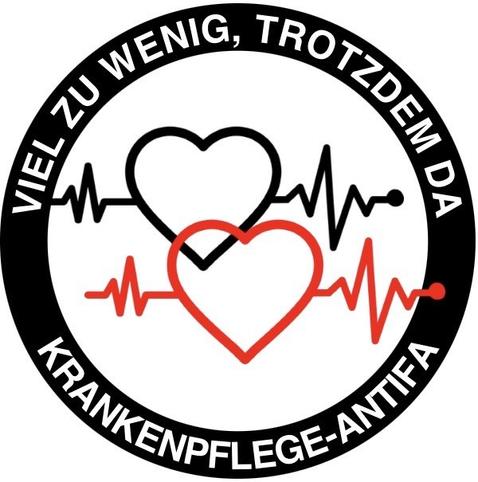 Antifasticker in Rot-Schwarz mit zwei Herzfrequenz-Symbolen und dem Text „viel zu wenig, trotzdem da - Krankenpflege-Antifa“