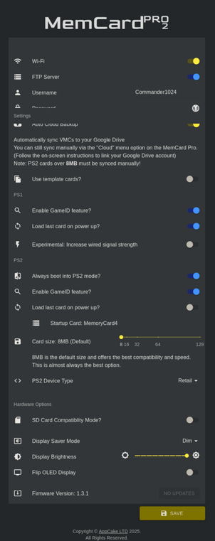 MemCard PRO 2 Einstellungen
