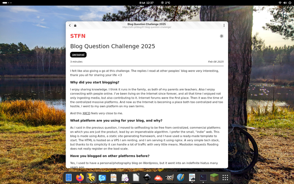 Blog stfn.pl z wpisem „Blog Questions Challenge 2025” w wewnetrzej przeglądarce klienta fediwersum Tuba.