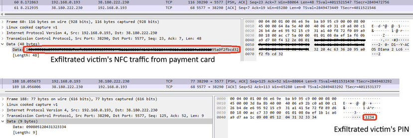 Screenshot of packet capture showing victim's payment card and PIN information being exfiltrated by malware.
