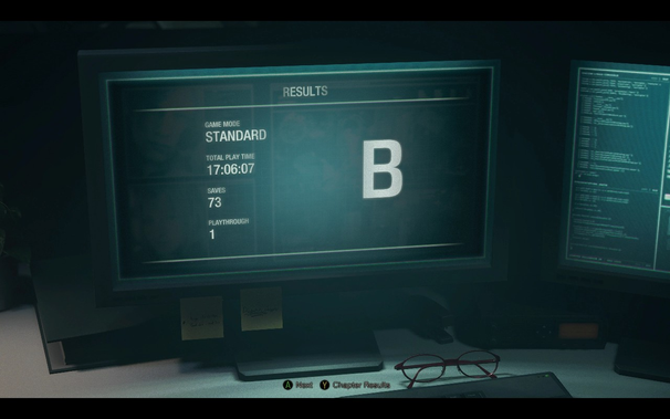 It's the endscreen of the game Resident Evil 4 Remake. There is a modern computer screen on a desk, beyond that there is not much visible. Apparently this is in a dark office room. On the screen it reads "RESULTS". Underneath on the right side there is a big "B" and on the left it reads:
"Game Mode: STANDARD"
"Total Play Time: 17 hours, 6 Minutes and 7 Seconds"
"Saves: 73"
"Playthrough: 1"