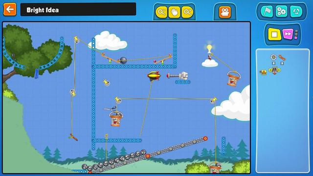 Screenshot of Contraption Maker. A Rube Goldberg-style machine involving ropes, pulleys, buckets, conveyor belts, cannon balls and a blimp is being used to turn on a light bulb. The map is titled "Bright Idea."