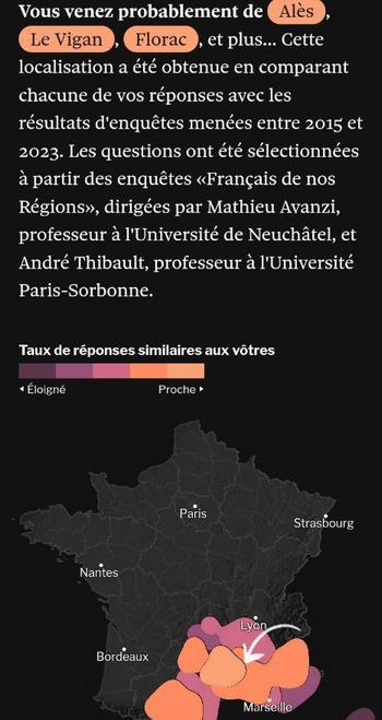 Résultat du test linguistique qui me trouve comme venant du Gard ou de Lozère (je viens du Vaucluse et je passais mes vacances en Lozère ou dans l'Aude donc c'est plutôt juste)