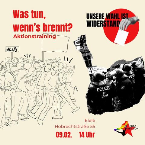 💥Announcement! Sunday 09.02.2025💥

🔥Action training: What to do when it's on fire?🔥

Sunday, 09.02.2025 | 02:00 pm | Elele Nachbarschaftstreff Hobrechtstraße 55, 12047 Berlin

Arrival: U8 Schönleinstraße | U7, Bus M29, M41, 171, 194 Hermannplatz

📣 Call: https://asanb.noblogs.org/?p=10236 - @priderebellion.berlin

#b0902 #queerliberation

💥Action training💥

Have you ever wondered how to behave at demonstrations or militant actions?

Then why not come along to our action training, where we'll learn important basics together :)

For example, what to pack, how to form stable chains or what to do in a confrontation with the police.

In times of rising fascism, we must not retreat, but unite and engage in strong street practice together as LGBTI+!

Our choice is resistance!