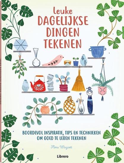 Afbeelding van boek "leuke dagelijkse dingen tekenen", van Flora Waycott. 

Wit boek met alledaagse voorwerpen op planken en bladeren eromheen.