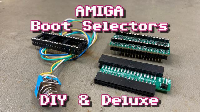 Thumbnail for my video, showing a photo of two boot selector devices for the Amiga. On the left, there is a DIY solution with two 40-pin DIP sockets stacked on top of each other that have a DPDT switch connected to the pins with 4 wires. On the right, there is the FireFloppySwap500, a more elegant solution with an electronic switch and an extra PCB for the floppy connector. The overlayed text reads "AMIGA Boot Selectors - DIY & Deluxe".