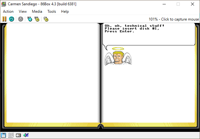 Bible Builder running in 86box, showing an angel saying: "Oh, oh, technical stuff! Please insert disk #1, Press Enter"