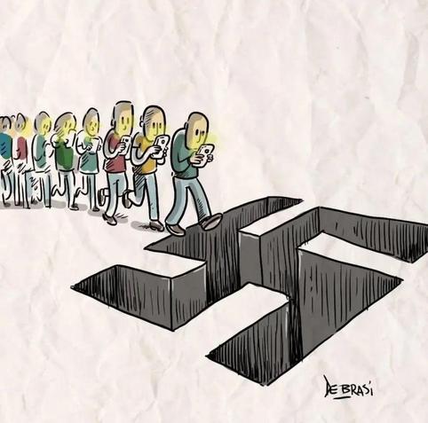 Cartoon: a line of people, immersed
In their smartphones, walk toward a large, swastika shaped hole in the ground