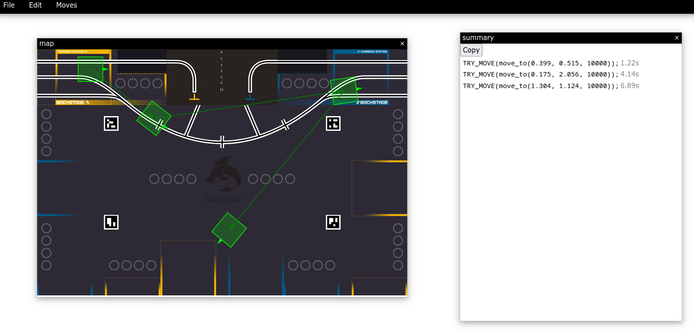 A screenshot of the strategy editor "sleepsaver". It shows the map of the 2025 France robotics cup and preview the movements of the robot.