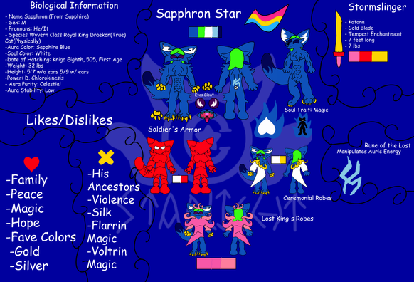 Sapphron is a sapphire blue cat with deep purple eyes, yellow hair, and a cyan rune on his back.