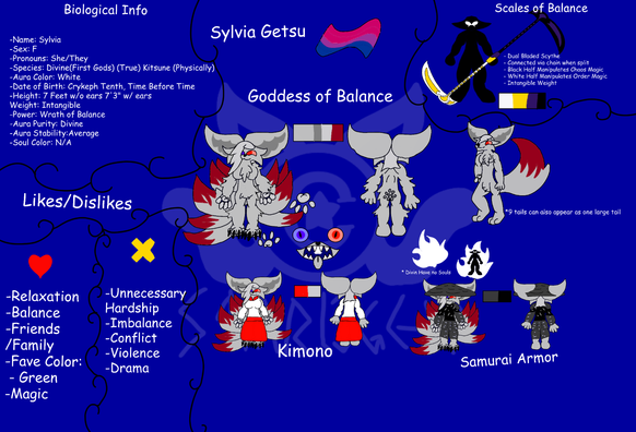 A silver furred kitsune with maroon tail tips, a red right eye and a blue left eye.