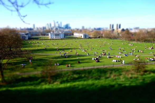 A wide, slightly blurred shot of a sunny Greenwich Park scene with many people scattered across a large grassy field, enjoying the weather. In the distance, white buildings line the edge of the field, and a modern cityscape stretches across the horizon under a bright blue sky. A tree branch frames the top left corner of the image.