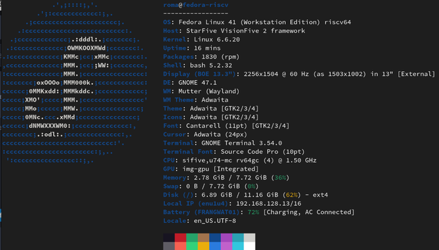 fastfetch on the deepcomputing risc-v mainboard under fedora linux
