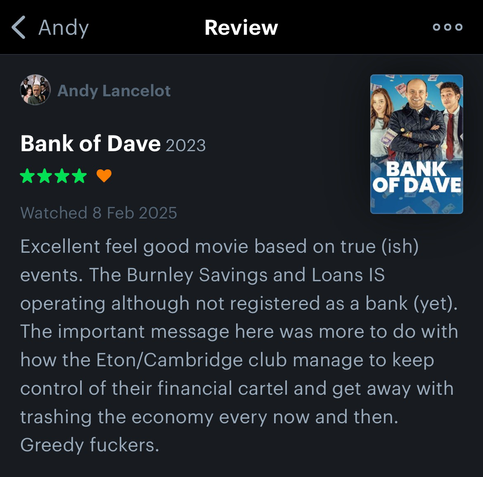 4 star letterboxed review of Bank of Dave