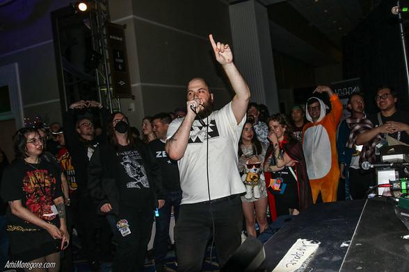 datacats performing in front of a crowd with a finger up and a mic to their mouth