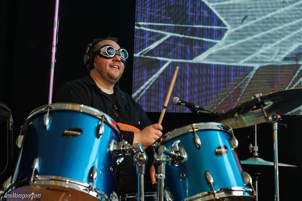 Drummer from Baron Von Future, Bobby Shields, playing drums with goggles on.