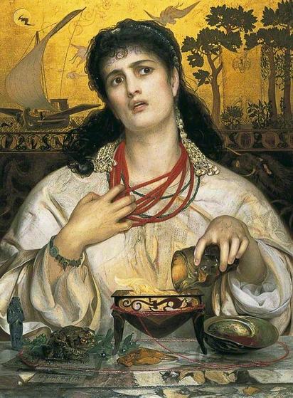 Medea prepares one of her magical elixirs. A painting by Frederick Sandys.