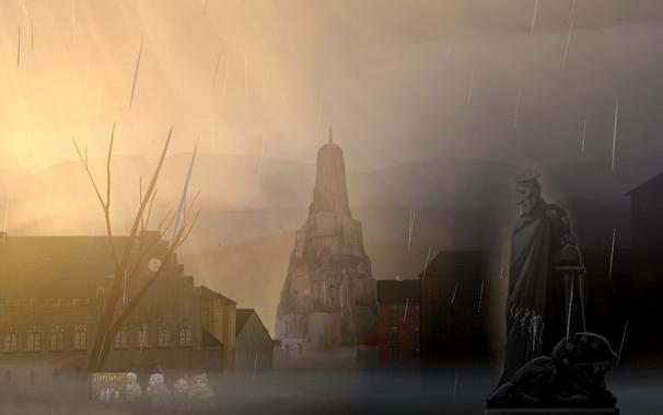 A tower stands in the distance. It's raining. In the foreground is a statue of a king or something that has "BETRAYAL!" tagged on it.