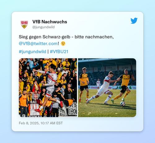 Sieg gegen Schwarz-gelb - bitte nachmachen, @VfB! 😉

#jungundwild | #VfBU21 https://t.co/ECf02mXTpy