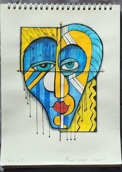 A page in a top-bound spiral sketchbook shows a hand drawn abstract watercolor illustration in Cubism style, by San Diego artist, Steven Preston. The page shows a multi-colored face made of abstract geometric elements like angled lines, circles, rectangles, and squares, with exaggerated facial features. Lines that appear to be strings with a bead or a knot on the end, hang from the face beginning at the cheek bones and ending below the chin. The eyes are a light shade of turquoise, the face is various shades of blue. The hair is a very light blue. All is on a bright yellow geometric background. The whole image is divided into four sections by a "crosshair" with a yellow arrow each end.

Hand written text at the bottom of the page reads, Page 39 Faces 2025 Book 1