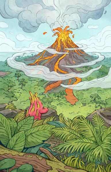 illustration of a cute dragonfruit watching a volcano break out from afar