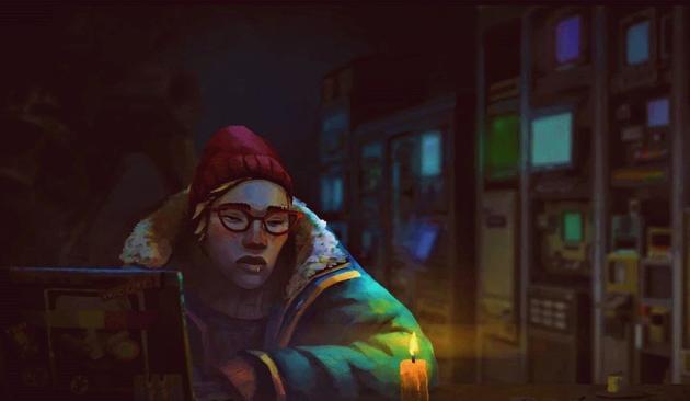 A weary explorer gazes into the candlelight as they wait out a storm in a room buzzing with archaic monitors and modules.