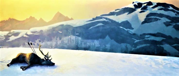 Frost-capped peaks overlook a pale sunrise; a solitary arrow rises from the bulk of a slain elk.