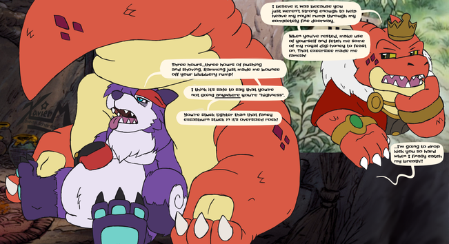 After about three hours of pushing and shoving, Shay the Gaomon's motors finally tired out and slumps against the rather plush n' comfortable backside of his King Koboldramon pal Oaf...methinks after that conversation that Oaf is going to have his backside rough housed a bit!