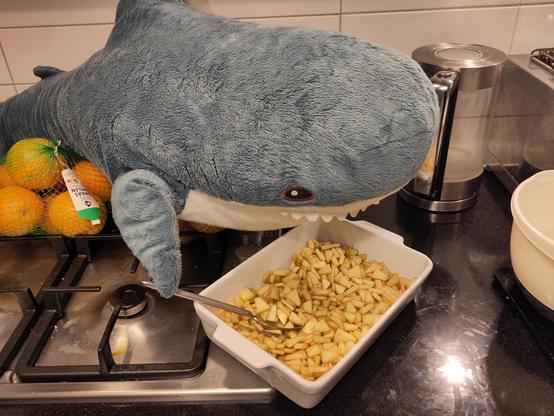 A Blåhaj cuddly shark sitting on the kitchentop with a oven dish filled with apple. The Blåhaj has a spoon in their fin and tries to spread the apple even.

Usually Hapi takes the spoon between their teeth, but that didn't work like this...