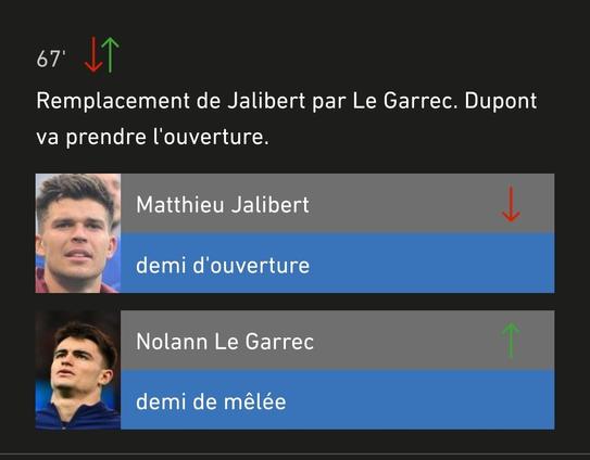 Remplacement de Jalibert par Le Garrec lors du match Angleterre France