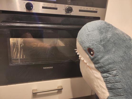A Blåhaj cuddly shark looking at the oven. In the oven is a oven dish with apple crumble.

Hapi has to wait 7 more minutes...