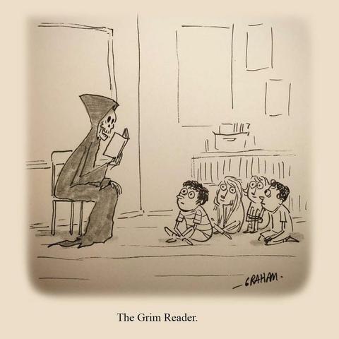 A cartoon illustration of the Grim Reaper reading a book to a class of young children. Caption reads "The Grim Reader."